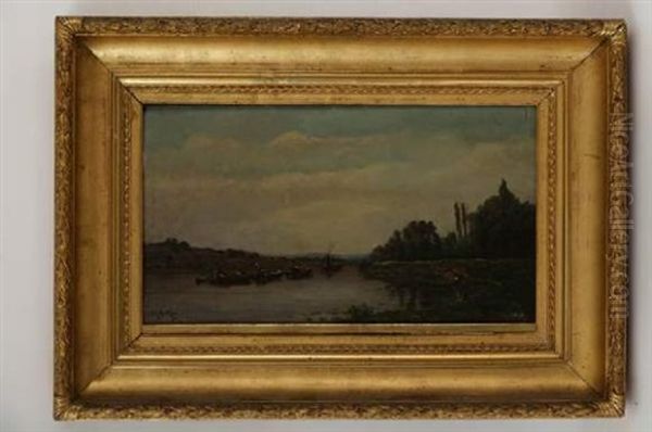 Bateaux Et Paysanne Au Bord De La Riviere Oil Painting by Hippolyte Camille Delpy