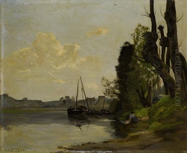 Baumbestandenes Flussufer Mit Vor Anker Liegendem Boot Oil Painting by Hippolyte Camille Delpy