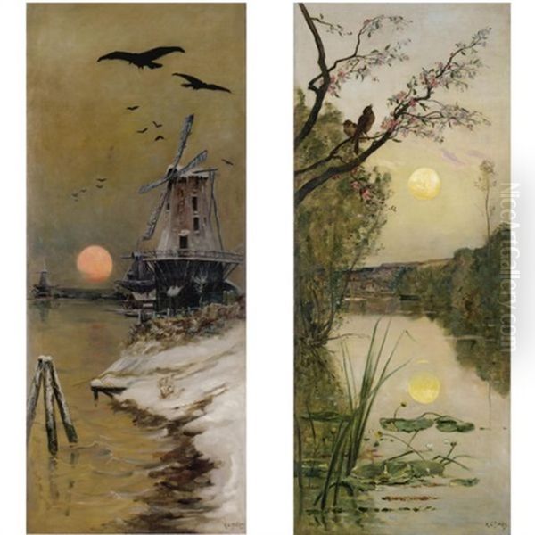 Windmill At Sunset (+ 3 Others; 4 Works) Oil Painting by Hippolyte Camille Delpy