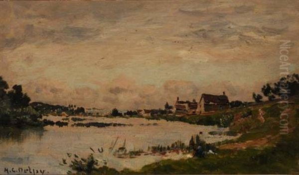 Uferlandschaft An Der Yonne Oil Painting by Hippolyte Camille Delpy