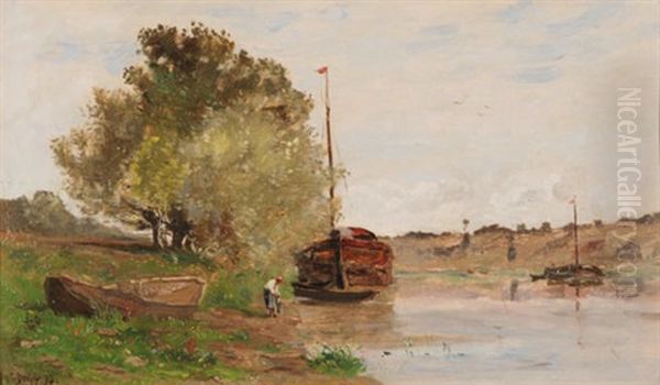 Flusslandschaft Mit Wascherin Oil Painting by Hippolyte Camille Delpy