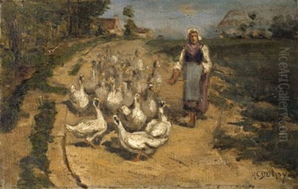 Geese Oil Painting by Hippolyte Camille Delpy