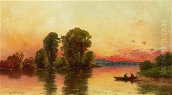 Abenddammerung Am See Mit Boot Oil Painting by Hippolyte Camille Delpy