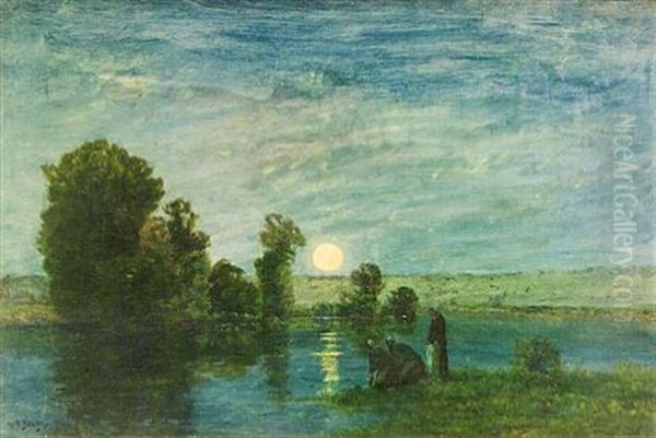 Effet De Lune Pres De Vernon, France Oil Painting by Hippolyte Camille Delpy