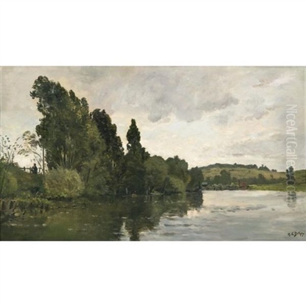 A Busy River Bank Oil Painting by Hippolyte Camille Delpy