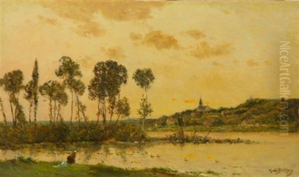 Washerwoman At Dusk (two Ducks, Stencil, Verso) Oil Painting by Hippolyte Camille Delpy