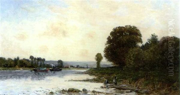 Flusslandschaft Mit Booten Und Wascherinnen Oil Painting by Hippolyte Camille Delpy