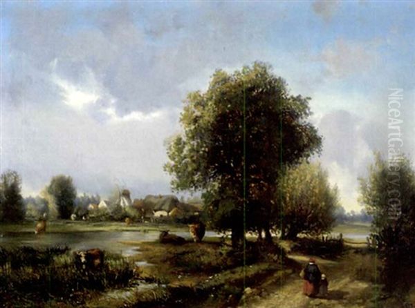 Flusslandschaft Mit Zwei Wascherinnen Im Mittelgrund Oil Painting by Hippolyte Camille Delpy