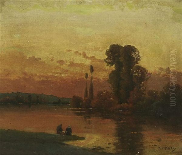 Wascherinnen Im Abendrot Am Flusufer Oil Painting by Hippolyte Camille Delpy