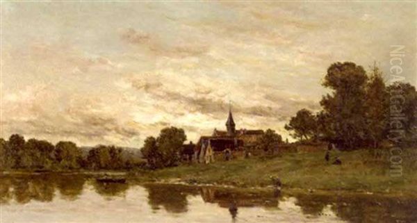 A River Scene With A Village At Dusk Oil Painting by Hippolyte Camille Delpy