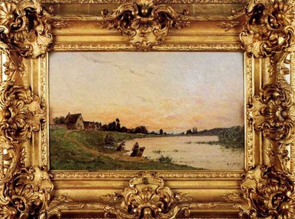 Soleil Couchant Pres De Mantes Oil Painting by Hippolyte Camille Delpy