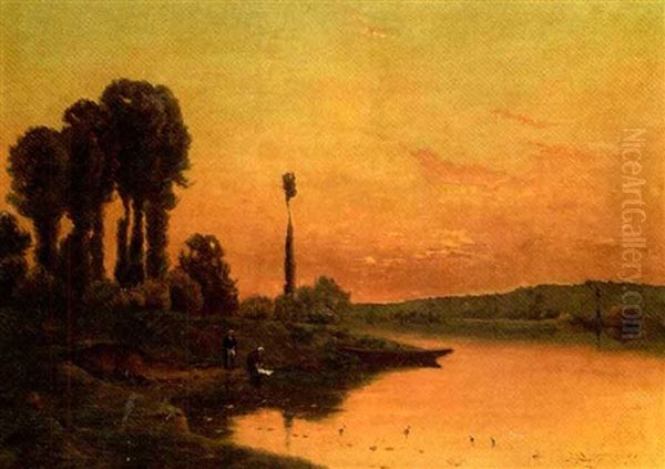 Washerwomen On The Banks Of The River At Dusk Oil Painting by Hippolyte Camille Delpy