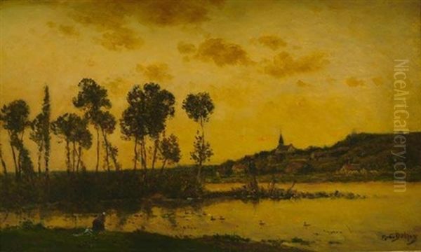 Bords De Riviere Au Soleil Couchant Oil Painting by Hippolyte Camille Delpy