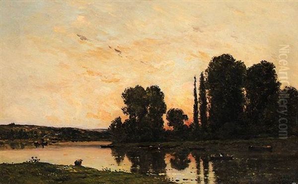 Lavandiere Au Soleil Couchant Oil Painting by Hippolyte Camille Delpy