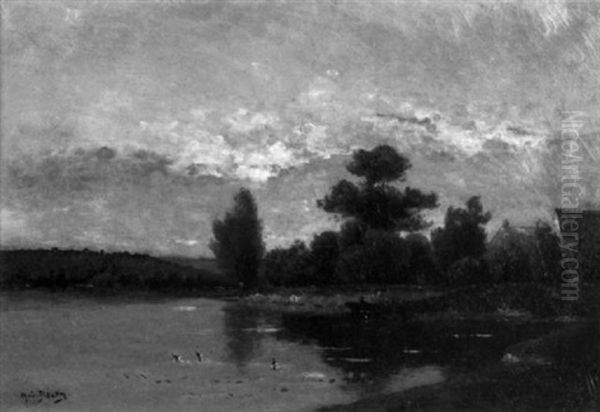 Duck Pond With Punters Oil Painting by Hippolyte Camille Delpy