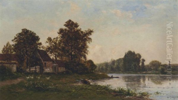 Washerwomen By The River Oil Painting by Hippolyte Camille Delpy