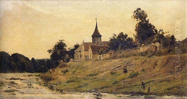 L'eglise En Bord De Riviere Oil Painting by Hippolyte Camille Delpy