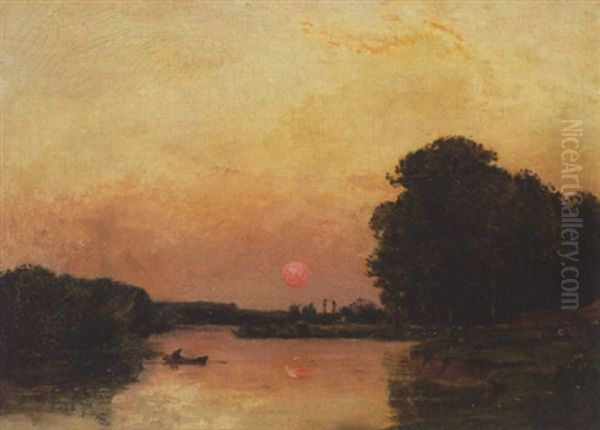 Bords De L'oise Au Soleil Couchant Oil Painting by Hippolyte Camille Delpy