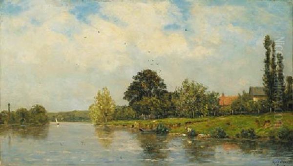 A River Landscape Oil Painting by Hippolyte Camille Delpy