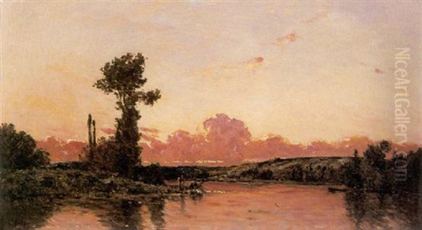 The Washerwoman And A Boatman At Sunset Oil Painting by Hippolyte Camille Delpy