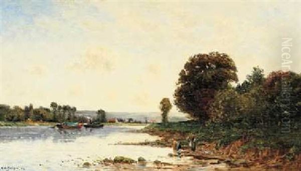 Washerwomen In A River Landscape With Steamboats Beyond Oil Painting by Hippolyte Camille Delpy