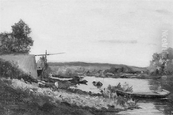 Punts On The River Bank Oil Painting by Hippolyte Camille Delpy