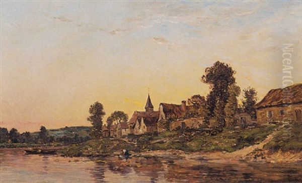 The Village By The River Oil Painting by Hippolyte Camille Delpy