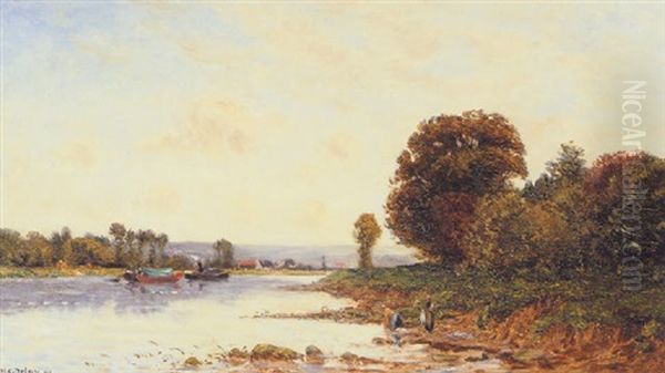 Washerwomen In A River Landscape With Steamboats Beyond Oil Painting by Hippolyte Camille Delpy