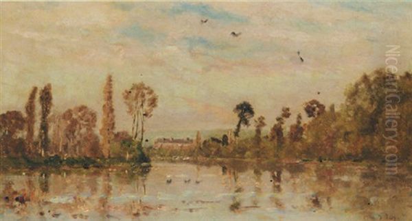 An Extensive River Landscape Oil Painting by Hippolyte Camille Delpy