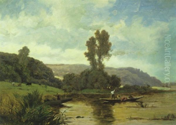 Fluslandschaft Mit Fischern Oil Painting by Hippolyte Camille Delpy