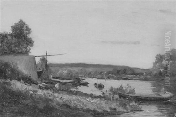 Punts On The River Bank Oil Painting by Hippolyte Camille Delpy