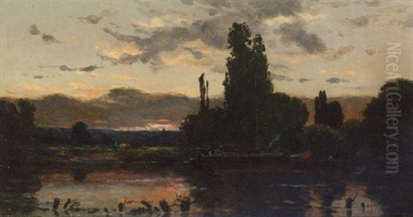 A River Landscape At Sunset Oil Painting by Hippolyte Camille Delpy