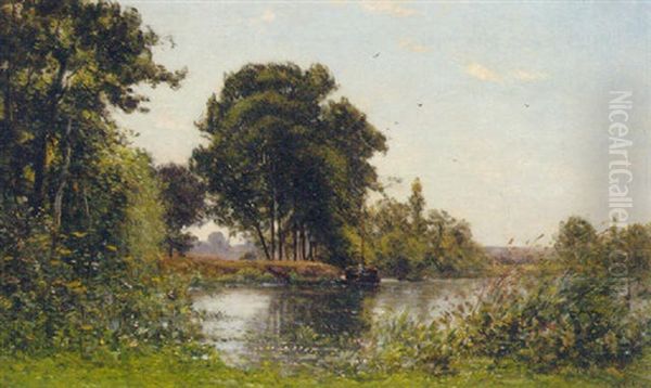 A Barge In A River Landscape Oil Painting by Hippolyte Camille Delpy