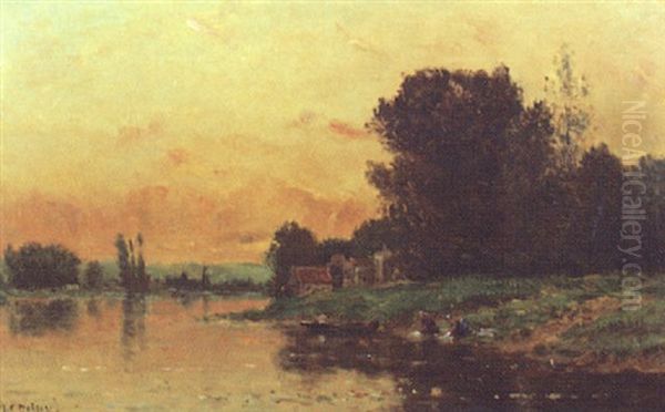 Soleil Couchant Sur La Seine Pres Portejoie Oil Painting by Hippolyte Camille Delpy