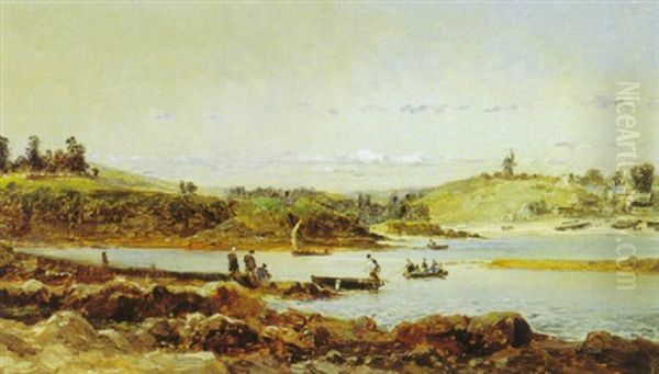 Harbor Scene With Figures In A Rowboat, Windmill On A Far Hill Oil Painting by Hippolyte Camille Delpy