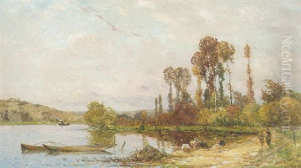 Paysage A L'etang Et Aux Lavandier Oil Painting by Hippolyte Camille Delpy