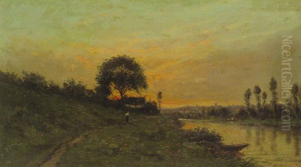 Fluslandschaft Bei Sonnenuntergang Oil Painting by Hippolyte Camille Delpy