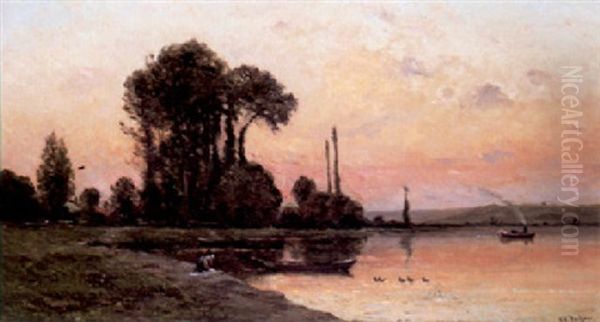 Washing On The Banks Of A River At Sunset Oil Painting by Hippolyte Camille Delpy