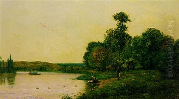 Washerwomen By The River At Sunset Oil Painting by Hippolyte Camille Delpy