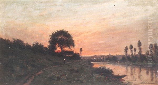 Fluslandschaft Bei Sonnenuntergang Oil Painting by Hippolyte Camille Delpy