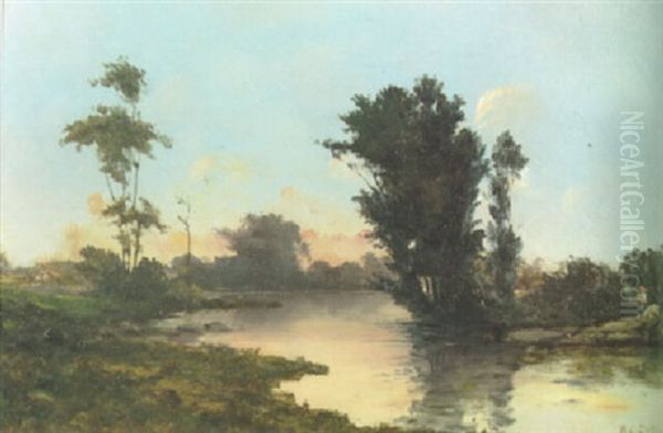 A River Landscape At Sunset With A Girl And Goats On The Far Bank Oil Painting by Hippolyte Camille Delpy