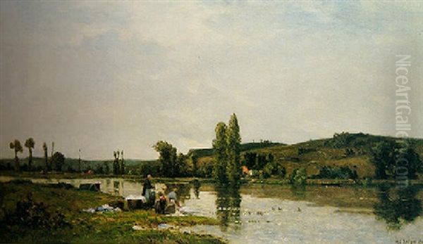 Washerwomen By A River Oil Painting by Hippolyte Camille Delpy