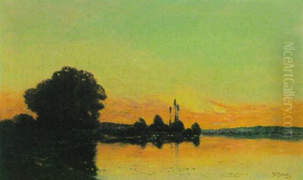 Flusslandschaft Im Abendrot Oil Painting by Hippolyte Camille Delpy