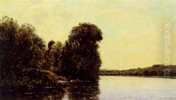 Solnegangsstemning Ved En Flod Oil Painting by Hippolyte Camille Delpy