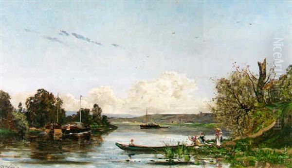 River Landscape With Fishing Trawlers Moored And Washerwomen Oil Painting by Hippolyte Camille Delpy