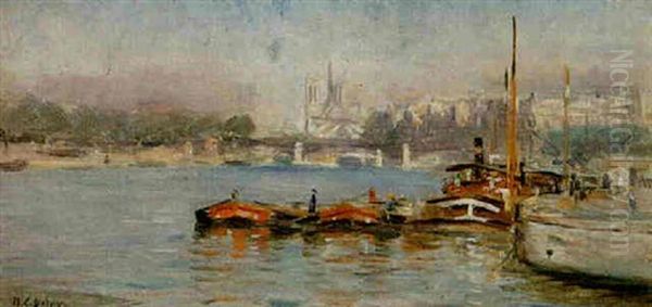 A View Of Notre-dame From The Seine, Paris Oil Painting by Hippolyte Camille Delpy