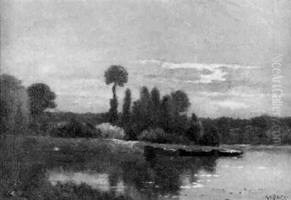 Abendliche Fluslandschaft Mit Am Ufer Liegenden Booten Oil Painting by Hippolyte Camille Delpy