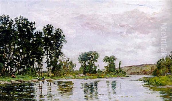 Stimmungsvolle Fluslandschaft Mit Wascherinnen Am Ufer Oil Painting by Hippolyte Camille Delpy