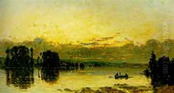 Figures In A Rowing Boat On A River At Sunset Oil Painting by Hippolyte Camille Delpy