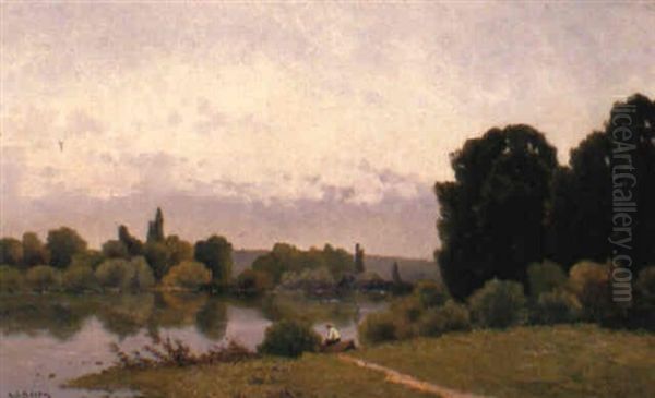 A Wooded River Landscape With A Figure On A Bank Oil Painting by Hippolyte Camille Delpy